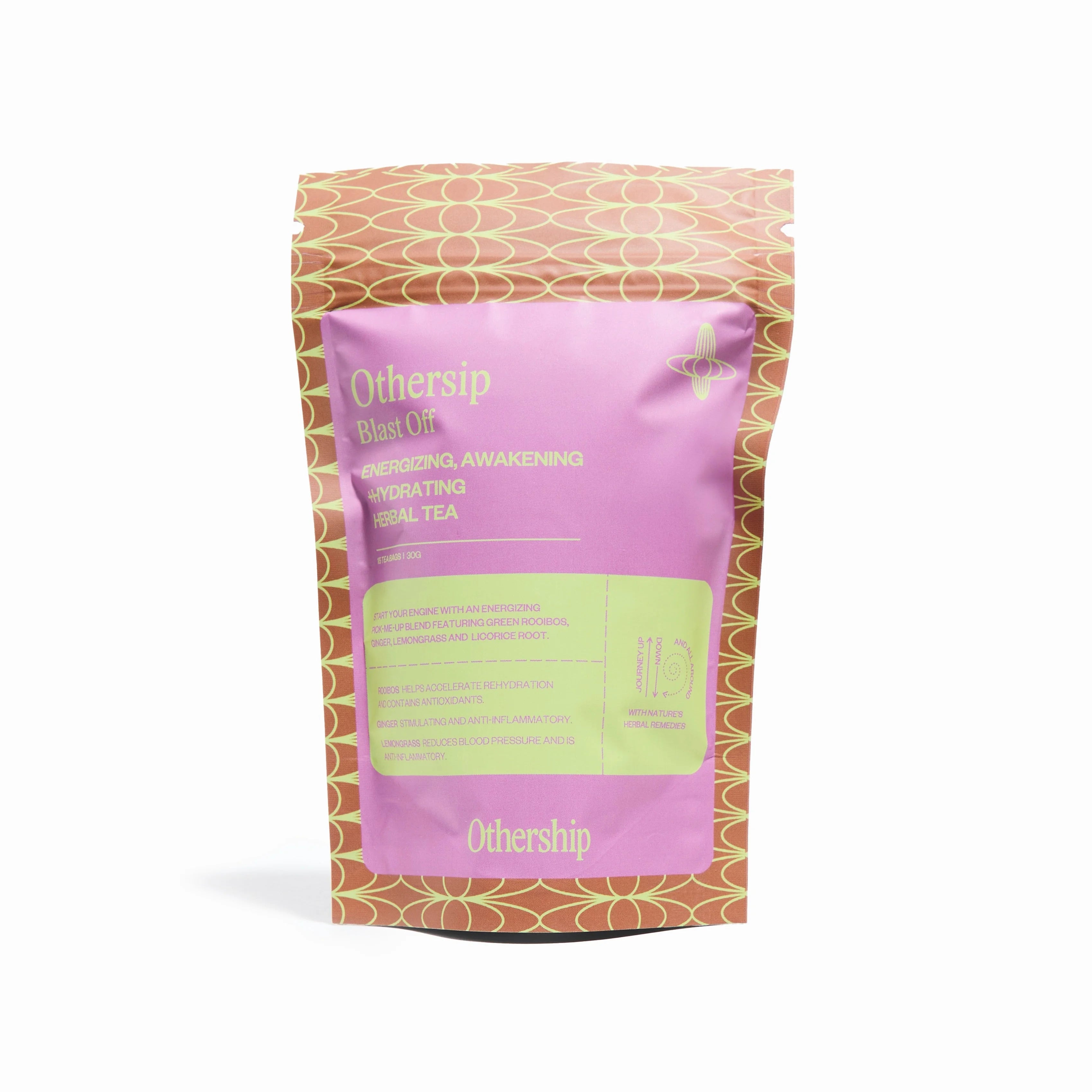 Blast Off Herbal Tea 15 tea bags energizing blend with green rooibos, ginger, lemongrass, and licorice root.