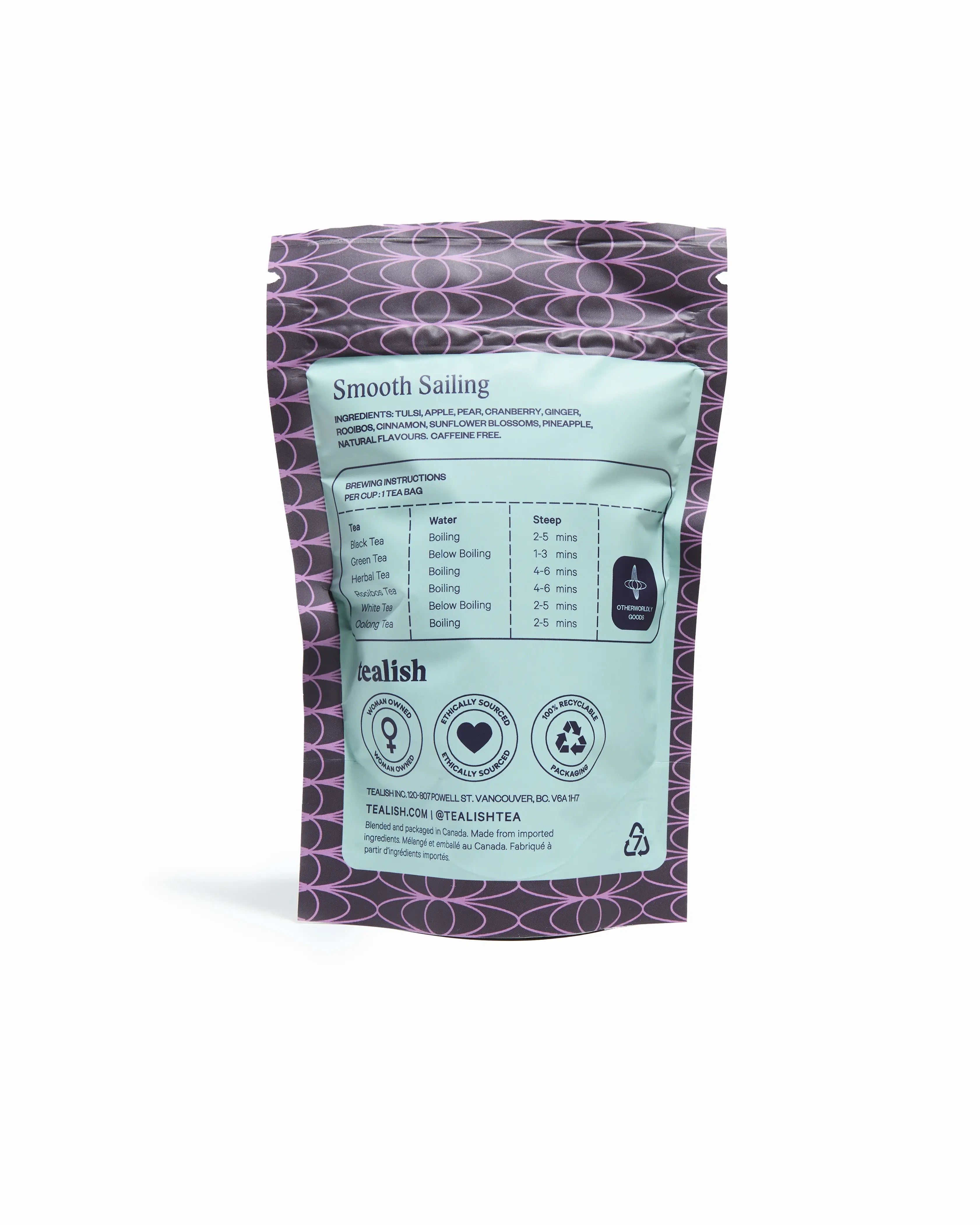 Othership Smooth Sailing Herbal Tea pouch with 15 tea bags, caffeine-free rooibos, tulsi, and ginger blend for calm and clarity.