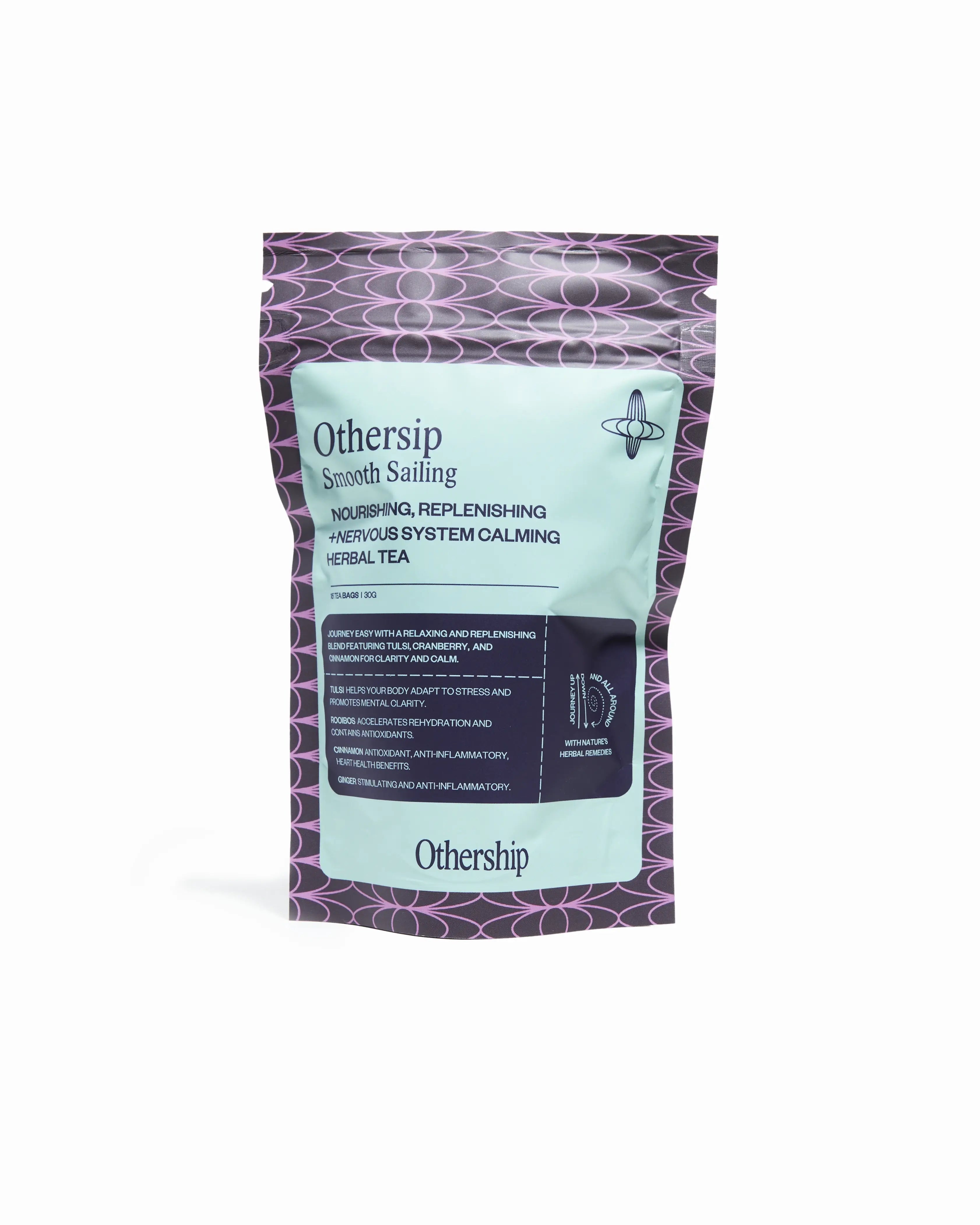 Othership Smooth Sailing Herbal Tea pouch with 15 tea bags, caffeine-free rooibos, tulsi, and ginger blend for calm and clarity.