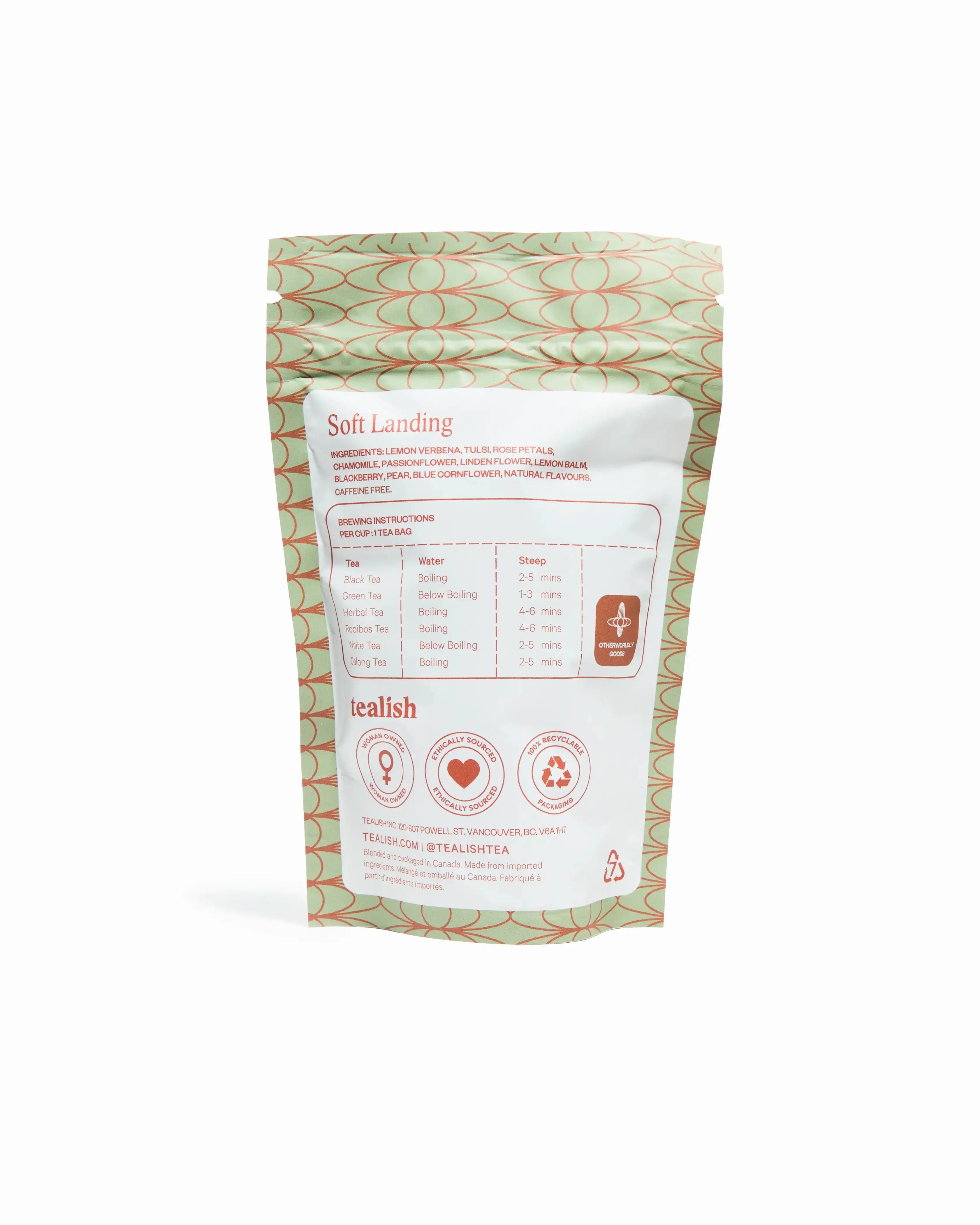 Othership Soft Landing Herbal Tea pouch with 15 bags, caffeine-free blend of tulsi, chamomile, and rose crafted for relaxation and mindfulness.