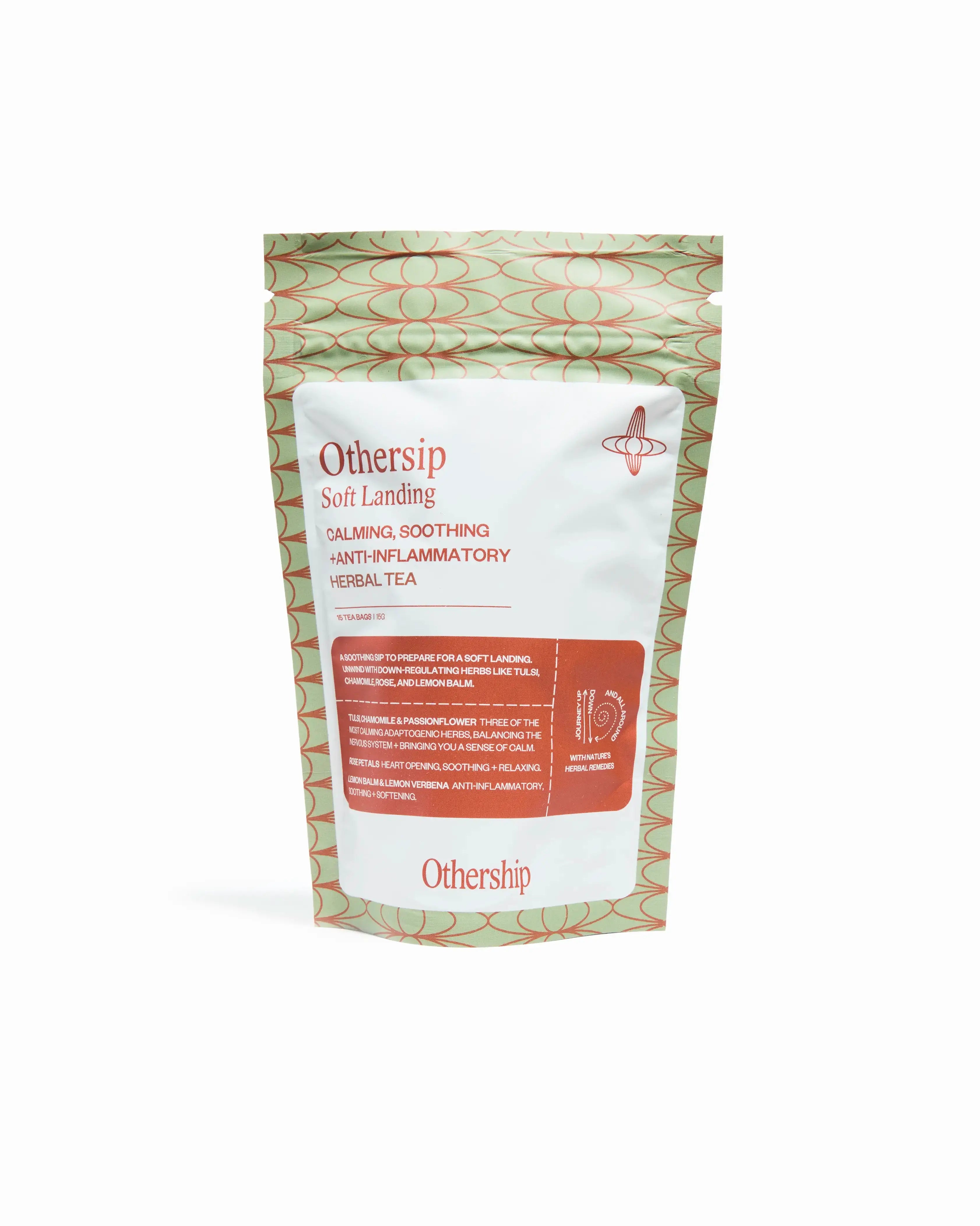 Othership Soft Landing Herbal Tea pouch with 15 bags, caffeine-free blend of tulsi, chamomile, and rose crafted for relaxation and mindfulness.