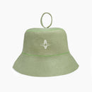 Back view of the light green felt sauna hat showing the embroidered Othership symbol and top loop.