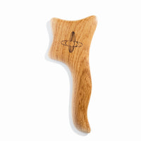 Wooden body gua sha tool with engraved logo, designed for deep tissue massage and circulation.